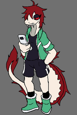 anthro big_tail clothed clothing electronics feathers female footwear hair half-closed_eyes long_fangs narrowed_eyes phone red_hair red_sclera scales shoes solo standing tail white_body white_scales 4chan_anon anonymous_artist mythology undertale_naranja quetzali feathered_scalie feathered_snake mythological_creature mythological_scalie reptile scalie snake low_res