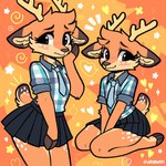 2024 anthro antlers barefoot blush bottomwear clothed clothing cloven_hooves deer digital_media_(artwork) emanata feet female female_anthro fur hair heart_symbol hi_res hooves horn jayrnski kneeling looking_at_viewer mammal maple_(jayrnski) miniskirt multicolored_body multicolored_fur necktie new_world_deer nonbinary_(lore) reindeer scut_tail shirt short_tail skirt solo tail topwear