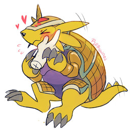 blush claws disembodied_hand duo feral heart_symbol male petting shell smile toe_claws yellow_body pirruwan bandai_namco digimon armadillomon digimon_(species) 1:1 hi_res