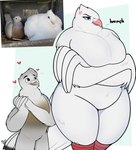 anthro blue_eyes blush breasts crossed_arms duo female green_eyes happy hearts_around_head looking_up_at_partner male non-mammal_breasts overweight simple_background tail text wings almy avian bird columbid pigeon absurd_res digital_media_(artwork) english_text hi_res