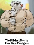anthro barazoku beverage biceps big_muscles big_pecs cardigan clothed clothing coffee coffee_cup container cup eyewear fully_clothed fur glasses male muscular muscular_anthro muscular_male nipple_outline pecs pecs_focus simple_background solo standing text azspicedjason krypto_the_superdog krypto canid canine canis domestic_dog mammal 3:4 english_text hi_res meme