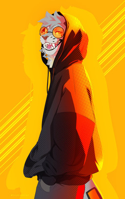 clothing drawstring eyewear glasses hand_in_pocket hoodie looking_back male open_mouth pockets red_clothing red_hoodie red_topwear side_view slim slim_anthro slim_male smile snout solo standing teeth topwear wishbone_mouth ellaria felid leopard mammal pantherine absurd_res hi_res
