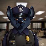 american_flag anthro clothing electronics flag male maveryk office police police_badge police_hat police_uniform radio solo uniform united_states_of_america yellow_eyes jebbthefoxy hyena mammal 1:1 hi_res