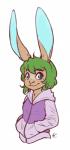 anthro clothed clothing female green_hair hair hand_in_pocket hands_in_both_pockets hoodie long_ears looking_at_viewer pockets short_hair simple_background smile solo topwear white_background alec8ter conditional_dnp rabecki_(poiuytrew) lagomorph leporid mammal rabbit 2017 half-length_portrait hi_res portrait signature