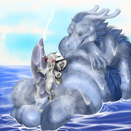 anthro anthro_on_feral balls bestiality big_balls big_penis bodily_fluids cum duo excessive_cum excessive_genital_fluids extreme_size_difference feral genital_fluids genitals male male/male musk penis size_difference friztwolf mythology dary_d lupus_dawagon aquatic aquatic_dragon arthropod dragon insect lepidopteran moth mythological_creature mythological_scalie scalie 1:1 absurd_res hi_res