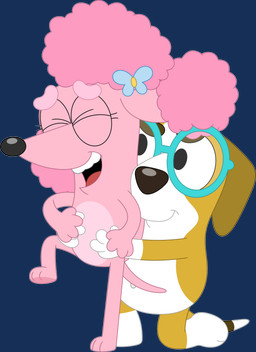 accessory anthro brown_body brown_fur duo eyes_closed eyewear female fur glasses gloves_(marking) hair_accessory kneeling laugh leg_markings markings navel on_one_knee pink_body pink_fur poofy_hair shaved_fur socks_(marking) tan_body tan_fur tickling tickling_belly white_body white_fur young young_anthro young_female porygon2z bluey_(series) coco_(bluey) honey_(bluey) beagle canid canine canis domestic_dog hunting_dog mammal poodle scent_hound absurd_res hi_res