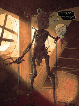 ambiguous_gender blood blood_drip bodily_fluids brown_body death dialogue dripping duo furniture gore grey_hair hair inside male saw severed_body_part severed_head speech_bubble string table text tools rapscallion humanoid living_puppet 2025 english_text hi_res