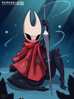 anthro anus anus_peek areola black_body black_eyes blue_anus blue_areola blue_nipples blush blush_lines breasts cloak cloak_only clothing empty_eyes eyelashes female front_view genitals holding_object holding_weapon nipples red_cloak red_clothing sitting solo sparkles spread_legs spreading text thick_thighs translucent translucent_clothing vulva weapon white_body wide_hips ultrahyper hollow_knight_(franchise) team_cherry hornet_(hollow_knight) arthropod insect 2025 english_text hi_res