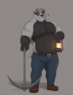 anthro belly belt bottomwear clothed clothing denim denim_bottomwear denim_clothing footwear holding_object jeans lamp lantern male miner_helmet navel overweight overweight_anthro overweight_male pants pecs pickaxe shoes simple_background solo topless acario echo_(series) echo_project the_smoke_room nikolai_krol badger mammal mustelid musteline absurd_res digital_media_(artwork) hi_res