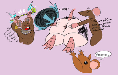 ambiguous_gender angry animal_print anthro anus ball brown_body brown_fur butt collar cow_print dialogue ear_piercing ear_ring feet female fur group magic magic_user male nipples piercing reaching ring_piercing shaman spiked_collar spikes spread_butt spreading stuck_in_hole tribal_spellcaster kittytgirlswagfn warprat transformice bovid bovine cattle hybrid mammal mouse murid murine rodent digital_media_(artwork) drawpile_(artwork) hi_res sketch
