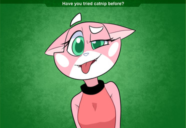 anthro big_pupils collar dilated_pupils fangs female green_eyes looking_at_viewer pupils simple_background solo teeth text tongue tongue_out hitsuji rigby_the_cat super_planet_dolan shima_luan domestic_cat felid feline felis mammal