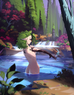 arm_markings back_tattoo bathing butt_cleavage convenient_censorship detailed_background female fluffy fluffy_hair gloves_(marking) green_hair hair humanoid_pointy_ears leaf leaf_hair light_body light_skin markings nude partially_submerged plant plant_hair pointy_ears pseudo_hair side_view solo tattoo water water_drop y_shaped_butt_crack yellow_eyes ruffu immortals_comic ti_(immortals) elf humanoid digital_media_(artwork) digital_painting_(artwork) hi_res painting_(artwork)