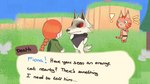 anthro dialogue dialogue_box exclamation_point female fur grass green_eyes group hair hand_on_hip hill looking_at_another male nature nature_background orange_body orange_fur orange_hair plant red_eyes standing surprised_expression text tree trio white_body white_fur sanppa_popo animal_crossing dreamworks nintendo puss_in_boots_(franchise) shrek_(series) death_(puss_in_boots) princess_fiona puss_in_boots_(dreamworks) canid canine canis domestic_cat felid feline felis human mammal tabby_cat wolf english_text