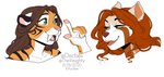 5_fingers anthro brown_hair countershading duo eyebrows eyelashes female fingers green_eyes hair open_mouth smile teeth tongue tusks kittydee alex_marx laure_(alexthecatte) ailurid felid mammal pantherine red_panda tiger 2020 digital_media_(artwork)