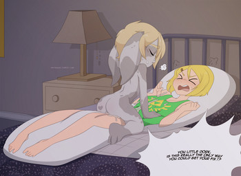 after_sex bed bedroom blonde_hair bodily_fluids breath cum cum_on_pillow detailed_background dialogue dork duo embarrassed eyewear floppy_ears furniture genital_fluids glasses hair lamp male nightstand shortstack shortstack_male smile text transformation merunyaa guild_wars magister_jezza asura 2017 english_text