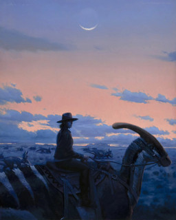 bottomwear clothing cloud detailed_background eyewear female feral glasses group hat headgear headwear looking_at_viewer moon outside pants riding tail twilight victor_adame_minguez dinosaur hadrosaurid human mammal ornithischian ornithopod parasaurolophus prehistoric_species reptile scalie 2023 4:5 hi_res traditional_media_(artwork)
