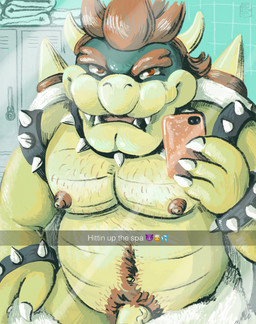 anthro body_hair cellphone chest_hair electronics emoji genitals grin hair holding_cellphone holding_object holding_phone horn locker locker_room looking_at_viewer male mirror navel nipples nude pecs penis phone pubes red_eyes red_hair selfie smile solo spa spikes text towel shinyluvdisc mario_bros nintendo bowser koopa scalie 2021 english_text hi_res