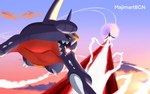 ambiguous_gender attack blue_body cloud countershading duo feral hyper_beam laser purple_body red_body red_countershading simple_background majimartbcn nintendo pokemon garchomp generation_4_pokemon pokemon_(species) 16:10 artist_name colored hi_res shaded widescreen