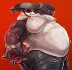 anthro asian_conical_hat belly black_body black_bottomwear black_clothing black_fur black_pants bottomwear bracelet clothed clothing eyewear fighting_pose fur glasses hat headgear headwear jewelry kung_fu male moobs musclegut muscular nipples overweight overweight_male pants pawpads pecs pose red_background simple_background solo spiked_bracelet spikes topless topless_anthro topless_male white_body white_fur biggiemaws mihoyo zenless_zone_zero pan_yin_hu bear giant_panda mammal 2025 absurd_res hi_res