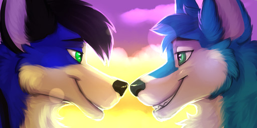 black_nose blue_body blue_fur countershading duo eye_contact fur gaze green_eyes grin inner_ear_fluff looking_at_another love male male/male romantic romantic_ambiance sky smile sunset teeth tuft white_body white_fur rudzik kimo zannos canid canine canis domestic_dog fox husky mammal nordic_sled_dog spitz 2018 2:1