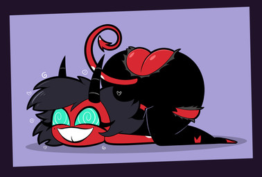 2_horns big_butt black_hair blue_eyes border butt circle_shadow clothed clothing female hair heart_symbol horn hypnosis lying mind_control on_front purple_background purple_border red_body red_skin simple_background smile solo spiral spiral_eyes submissive submissive_female submissive_humanoid tail teeth torn_clothing apopop hellaverse helluva_boss millie_(helluva_boss) demon demon_humanoid humanoid imp 2026 absurd_res digital_media_(artwork) hi_res