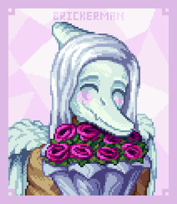 anthro biped blue_body blush bone_frill border bouquet clothed clothed_anthro clothed_female clothing eyebrows eyes_closed feathered_wings feathers female flower flower_bouquet frill_(anatomy) front_view grey_body grey_feathers grey_hair hair happy long_hair markings pink_border plant raised_inner_eyebrows simple_background smile solo striped_markings stripes tan_clothing tan_sweater tan_topwear text topwear wings brickingbad cavemanon_studios goodbye_volcano_high ko_op_(game_developer) snoot_game fang_(gvh) prehistoric_species pterosaur reptile scalie 2025 artist_name bust_portrait colored digital_media_(artwork) hi_res pixel_(artwork) portrait shaded