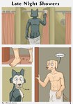 abs anthro athletic athletic_male beastars bird_dog bulge canid canine canis clothing comic domestic_dog duo english_text hi_res hunting_dog jack_(beastars) labrador legoshi_(beastars) lewd_latte male mammal meme meme_face retriever shower shower_room surprise surprised_expression text towel undressing wolf