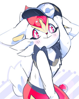 ambiguous_gender anthro blush blush_lines clothing floppy_ears fur hat headgear headwear pokeball red_eyes simple_background smile solo tail white_body white_fur maaomei nintendo pokemon cinderace generation_8_pokemon lagomorph mammal pokemon_(species) 2026 4:5 hi_res