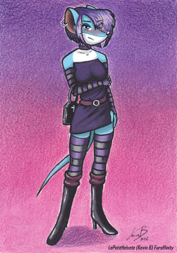 alternative_fashion anthro belt bicolored_clothing black_boots black_clothing black_footwear black_nose blue_body blue_eyes blush blush_lines boots clothing collar dress ear_piercing female footwear goth hair hair_over_eye handbag high_heeled_boots high_heels legwear mouse_tail piercing purple_belt purple_clothing purple_dress purple_hair shoes short_hair solo tail thigh_highs tights lepetithelvete geronimo_stilton_(series) thea_sisters connie_(thea_sisters) mammal murid murine rat rodent acrylic_painting_(artwork) colored_pencil_(artwork) full-length_portrait hi_res mixed_media painting_(artwork) portrait traditional_media_(artwork) traditional_painting_(artwork)