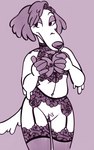 anthro bone bottomless bra breast_squish breasts clothed clothing female fondling garter_belt garter_straps genitals hand_on_breast holding_breast legwear lingerie looking_aside pattern_clothing pattern_underwear pubes pussy self_fondle solo squish thigh_highs underwear passionatefloorromance nina_(passionatefloorromance) borzoi canid canine canis domestic_dog hunting_dog mammal sighthound hi_res