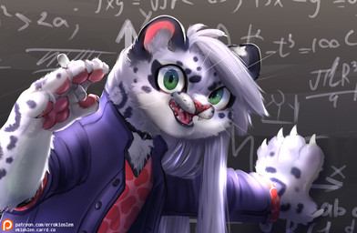 chalkboard female feral fur green_eyes holding_object looking_at_viewer markings math open_mouth pawpads pink_nose pink_pawpads solo spots spotted_body spotted_fur errokioslem felid mammal pantherine snow_leopard bust_portrait portrait