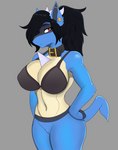 anthro bra clothing collar ear_piercing female hair horn piercing ponytail simple_background solo underwear sly_shadex nintendo pokemon canid canine generation_4_pokemon lucario mammal pokemon_(species) hi_res