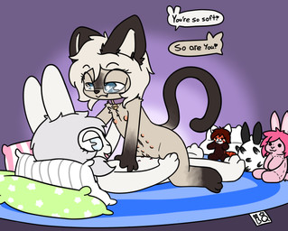 anthro blind collar disability duo eyewear female female/female glasses multi_nipple nipples pillow plushie young bunnyqueen domestic_cat felid feline felis lagomorph leporid mammal rabbit siamese_cat hi_res