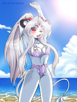 anthro bikini blush chest_tuft clothed clothing female fur hair o-ring o-ring_bikini o-ring_bikini_top o-ring_swimwear outside purple_hair sand sea skimpy sky solo spots sun swimwear tail tight_clothing tuft two-piece_swimsuit water skykain domestic_cat felid feline felis mammal hi_res