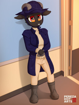 anthro black_body black_fur black_hair bottomwear buckteeth cheek_tuft chinstrap clothed clothed_anthro clothed_female clothing coat eyelashes facial_tuft female fingers fur gumboot hair hat headgear headwear hooved_fingers hooves horizontal_pupils horn meme_pose pants pupils rain_boots raincoat red_eyes roll_neck_sweater solo sweater teeth text topwear tuft perezadotarts bathory_black_(therealnarrowjungle) bovid caprine goat mammal absurd_res artist_name hi_res meme signature