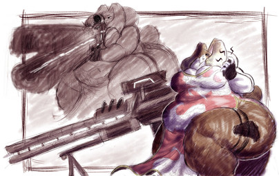 anthro asian_clothing belly big_belly big_breasts breasts brown_body brown_fur chinese_clothing chinese_dress cleavage clothed clothing curvy_figure dewlap_(anatomy) dress east_asian_clothing electronics fat_folds female fingerless_gloves floppy_ears fur futuristic_gun gloves gun handwear holding_gun holding_object holding_ranged_weapon holding_weapon huge_belly huge_breasts huge_thighs hyper hyper_thighs legwear lop_ears multicolored_body multicolored_fur obese obese_anthro obese_female overweight overweight_anthro overweight_female pantyhose pelvic_curtain railgun ranged_weapon scut_tail short_tail sniper solo tail thick_thighs thigh_strap voluptuous_anthro voluptuous_female walkie-talkie weapon white_body white_fur wide_hips itzjaylock domestic_rabbit lagomorph leporid lop_rabbit mammal oryctolagus rabbit hi_res