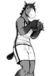 anthro ball basketball basketball_(ball) basketball_uniform bodily_fluids bottomwear clothing female looking_at_viewer nervous shorts solo sportswear sweat uniform hladilnik tinker_(hladilnik) clydesdale draft_horse equid equine horse mammal 2021 hi_res monochrome