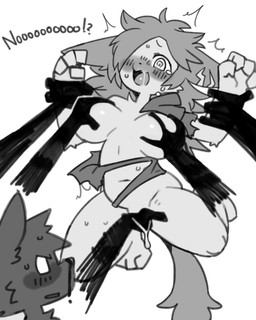 anthro anthro_fingered big_breasts biped blush bodily_fluids breasts clothing curvy_figure disembodied_hand duo ear_scar female female_fingered female_focus fingering front_view genital_fluids hair male nude nude_anthro nude_female plantigrade restrained_arms scar simple_background solo_focus spiral_pupils sweat text thick_thighs torn_clothing vaginal vaginal_fingering vaginal_fluids white_background pizademokttero loomy_(comifur) nifram_logan canid canine mammal 2024 4:5 absurd_res digital_drawing_(artwork) digital_media_(artwork) english_text hi_res monochrome