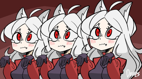 blush bodily_fluids butt butt_slap clothing cute_fangs dialogue fangs female group heart_symbol open_mouth shocked slap spanking tears teeth text diives helltaker cerberus_(helltaker) animal_humanoid canid canid_demon canid_humanoid canine canine_humanoid demon humanoid mammal mammal_humanoid 16:9 2d_animation animated digital_media_(artwork) english_text frame_by_frame signature widescreen
