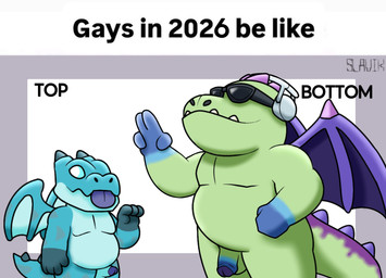 anthro belly blue_eyes dragon_wings duo electronics eyewear flaccid genitals green_body headphones humanoid_genitalia male male/male penis penis_size_difference purple_body size_difference slightly_chubby sunglasses text slavik. clash_royale mythology supercell_(company) baby_dragon_(clash_roayle) dragon mythological_creature mythological_scalie scalie english_text hi_res meme