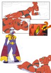absurd_res armor bandai_namco comic digimon digimon_(species) equid equine guilmon hector21314 hi_res horse indramon mammal purple_body red_body reptile scalie