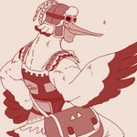 anthro bag clothing eyewear goggles grin hand_on_hip hat headgear headwear looking_back male muscular muscular_male simple_background smile solo run_aki nintendo tears_of_the_kingdom the_legend_of_zelda penn_(tloz) avian bird pelecaniform pelican rito 1:1 low_res monochrome sketch