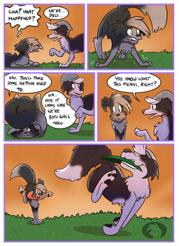 after_transformation beanie beanie_only black_nose border clothing dialogue duo evening eye_contact falling female feral fluffy fluffy_tail frisbee frisbee_in_mouth grass happy hat hat_only headgear headgear_only headwear headwear_only looking_at_another lying mostly_nude multicolored_body neck_tuft on_front plant playing purple_border quadruped running smile speech_bubble sunset tail text tongue tongue_out tuft two_tone_body wobbling trevor-fox trevor-fox_(character) border_collie canid canine canis collie domestic_dog herding_dog mammal pastoral_dog sheepdog 2015 comic english_description english_text watermark