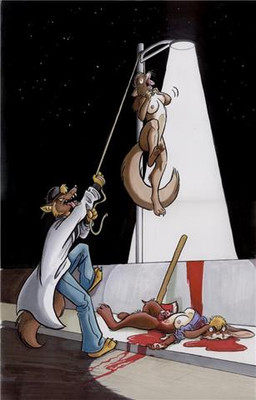 anthro asphyxiation axe barefoot blonde_hair blood bodily_fluids bottomless breasts choking clothed clothing coat crying decapitation disembowelment erotic_asphyxiation feet female gore gore_focus group hair hanged killing lab_coat male melee_weapon night nipples noose_grab nude severed_body_part severed_head sky snuff star starry_sky strangling street_lamp tail tears tongue tongue_out topwear weapon roz_gibson drjackal canid canine canis fox jackal lagomorph leporid mammal rabbit low_res marker_(artwork) traditional_media_(artwork)