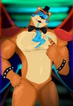 black_bow_tie blue_eyes bow_tie bracelet clothing featureless_crotch gesture hand_gesture hand_on_hip hat headgear headwear jewelry machine male pointing pointing_at_self solo top_hat gaek oso five_nights_at_freddy's five_nights_at_freddy's:_security_breach scottgames steel_wool_studios glamrock_freddy bear mammal robot 2022 hi_res