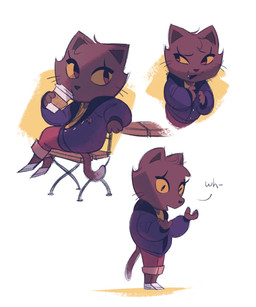 anthro biped bottomwear brown_body brown_fur clothing coffee_cup container cup eyelashes eyeliner female footwear fur hair jacket makeup open_mouth pants shoes short_hair sitting solo speech_bubble standing tail text topwear whiskers itsdanfango jalei_(itsdanfango) domestic_cat felid feline felis mammal 2020 english_text hi_res