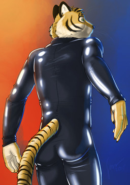 anthro black_bodysuit black_clothing black_latex black_skinsuit bodysuit clothing fur green_eyes latex latex_bodysuit latex_clothing latex_skinsuit male male_anthro markings rear_view simple_background skinsuit slim_anthro slim_male solo standing striped_markings striped_tail stripes tail tail_markings tight_clothing yellow_body yellow_fur hufnaar ulbrek felid mammal pantherine tiger 2015 alternate_version_at_source dated hi_res signature