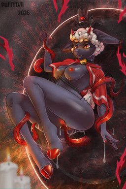 anthro bell bell_collar bodily_fluids clothing collar female fur genital_fluids genitals horn nipples nude solo summoning_circle tentacles vulva wool_(fur) purrr-evil cult_of_the_lamb massive_monster_(studio) lamb_(cult_of_the_lamb) mammal
