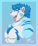 anthro blue_body blue_fur bodily_fluids fangs fur male muscular muscular_anthro muscular_male open_mouth open_smile saliva simple_background smile solo teeth tongue tongue_out white_body white_fur yellow_eyes tattoorexy leaf_(leafsparks) felid mammal pantherine tiger hi_res