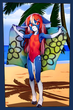 anthro beach bedding blanket blue_body blue_fur breasts camel_toe clothing cloven_hooves female fur genital_outline gloves_(marking) grin hair hooves leg_markings markings navel_outline one-piece_swimsuit palm_tree plant red_eyes red_hair small_breasts smile socks_(marking) solo swimwear tree unguligrade vulva_outline water young young_anthro young_female ai_assisted ai_generated_background sicmop deer mammal 2:3 absurd_res alpha_channel hi_res